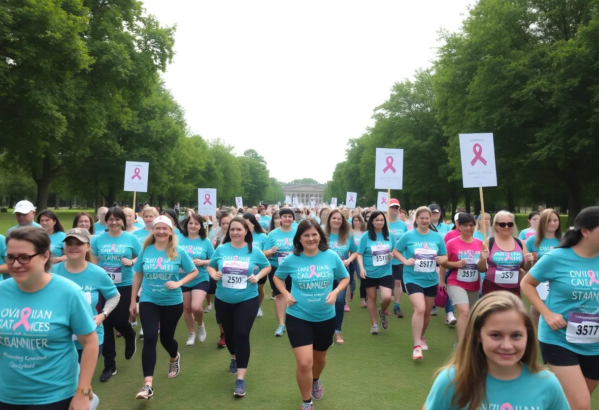 Participants in teal shirts at the Teal Trot event promoting ovarian cancer awareness