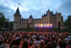 Concert audience enjoying live music at Powderham Castle.