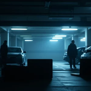 Dark parking garage with silhouettes and stolen items.