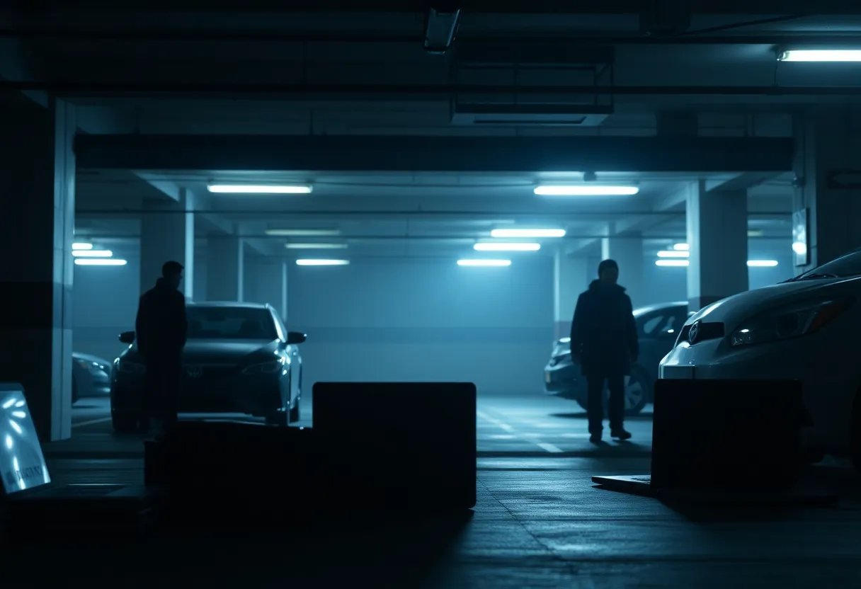Dark parking garage with silhouettes and stolen items.