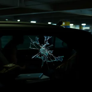 Scene of a theft in a parking garage, broken window, scattered items