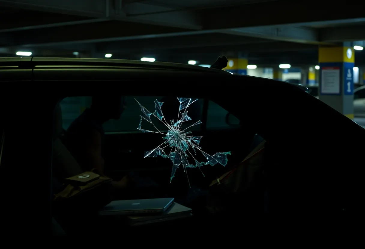 Scene of a theft in a parking garage, broken window, scattered items