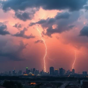 A thunderstorm with lightning clouds over Atlanta skyline