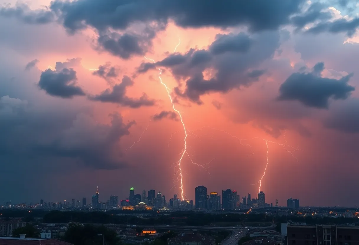 A thunderstorm with lightning clouds over Atlanta skyline