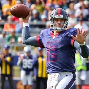 Quarterback throwing a football at practice