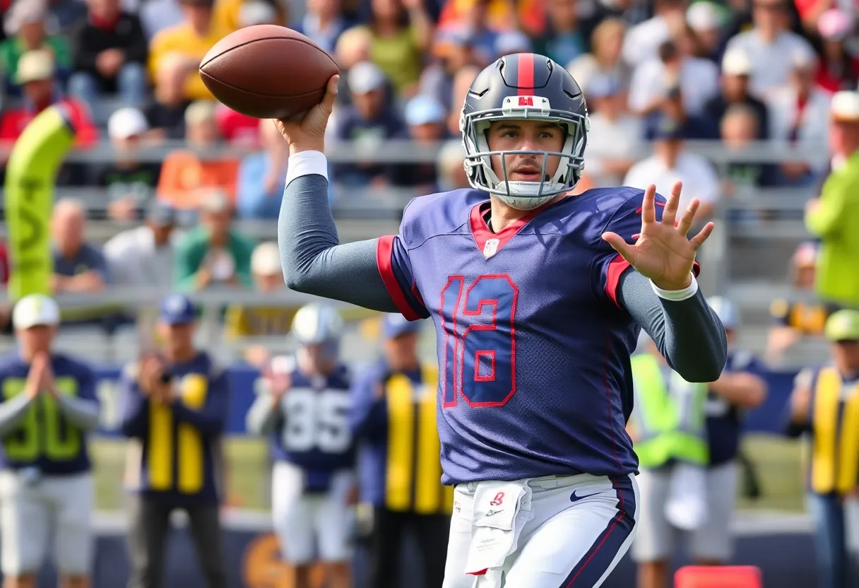 Quarterback throwing a football at practice