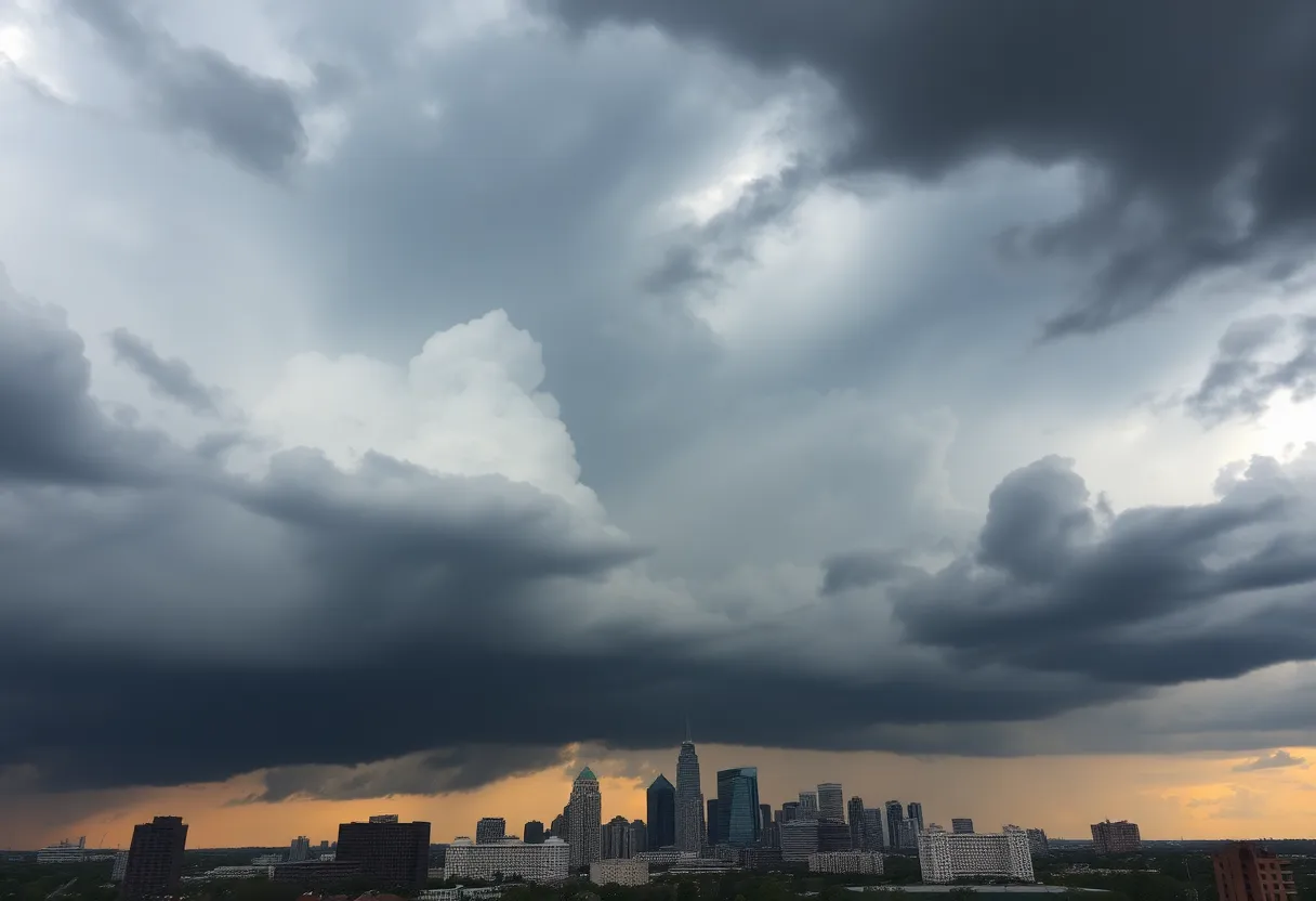 Dramatic storm clouds over Atlanta's skyline signaling imminent severe weather.