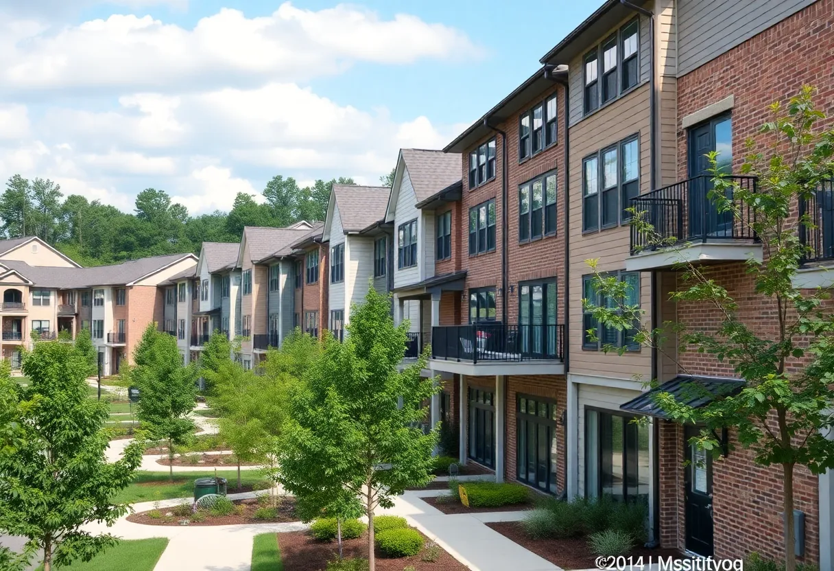 Modern townhomes in a suburban area of Atlanta with greenery