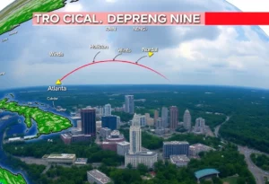 Map showing the path of Tropical Depression Nine impacting Atlanta