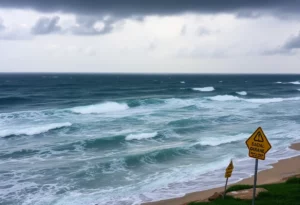 High waves crashing against the shore during Tropical Storm Imelda
