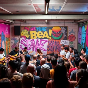 Artists performing at Underground Atlanta during a lively event.