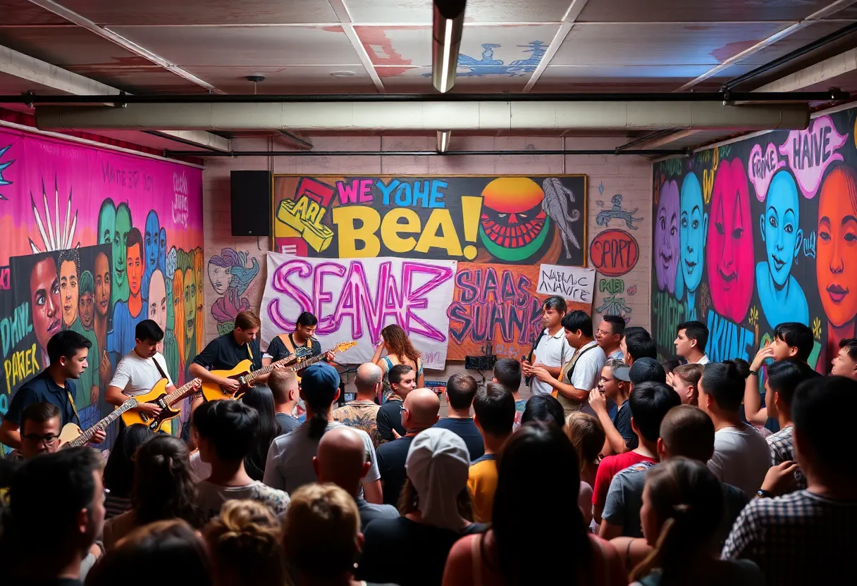 Artists performing at Underground Atlanta during a lively event.
