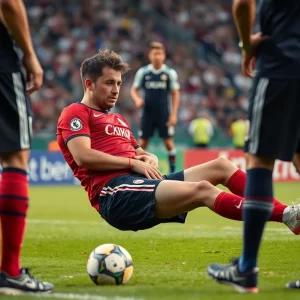 Injured soccer player on the sidelines during a match