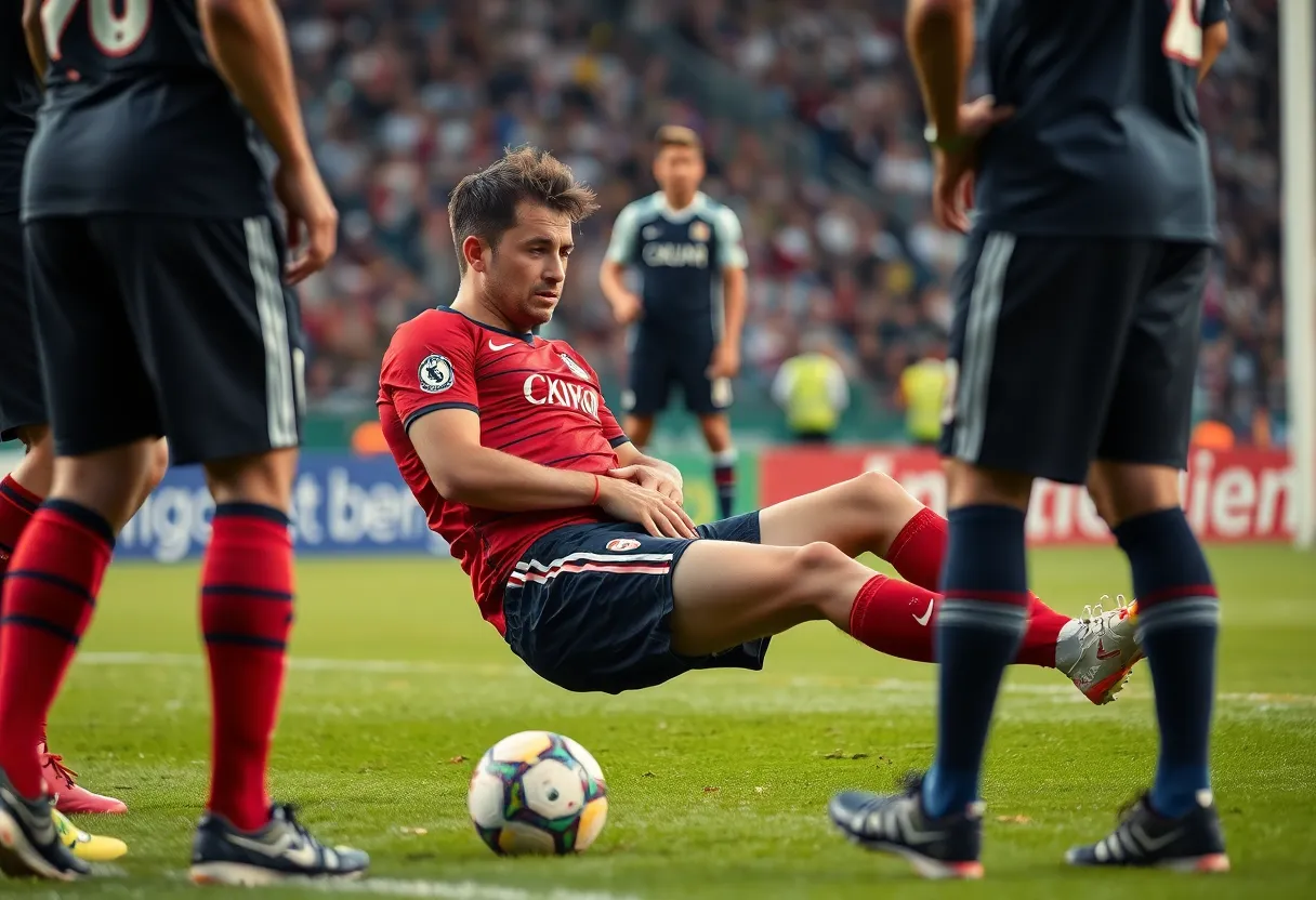 Injured soccer player on the sidelines during a match