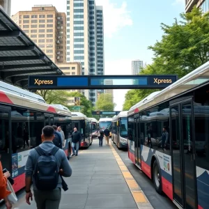 Commuters at an Atlanta bus station waiting for Xpress bus service