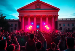 Young Thug performing at a surprise concert in front of a courthouse.