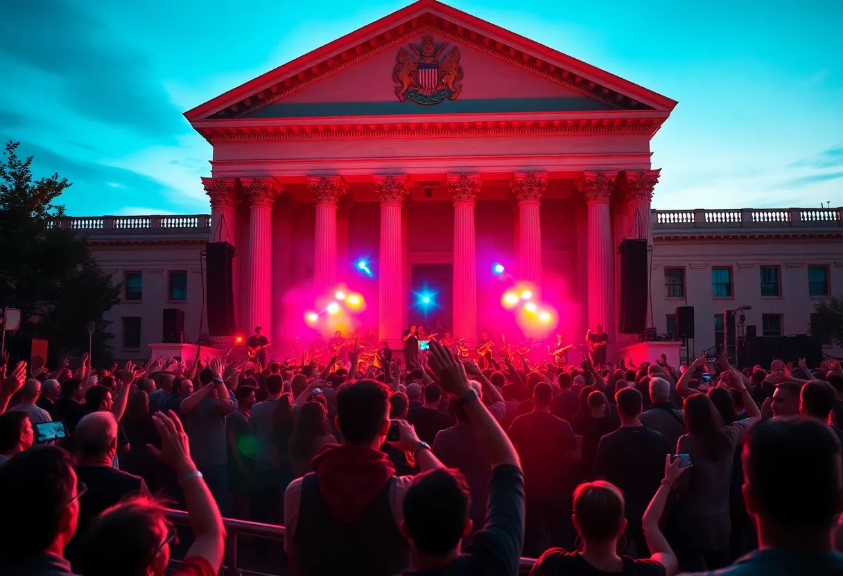 Young Thug performing at a surprise concert in front of a courthouse.