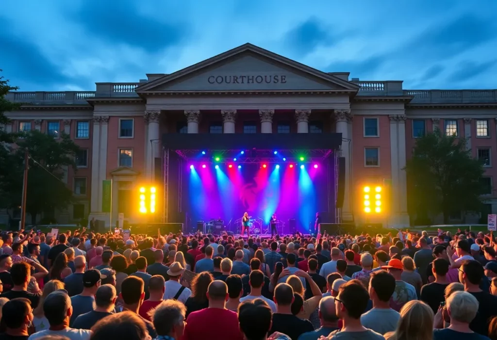 Crowd gathering for Young Thug's performance outside the courthouse.