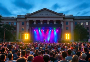 Crowd gathering for Young Thug's performance outside the courthouse.