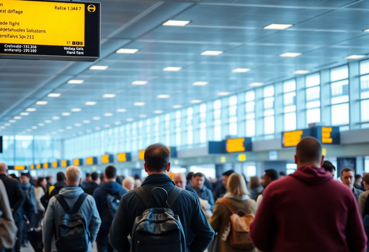 Passengers at an airport terminal displaying signs of frustration due to flight delays.