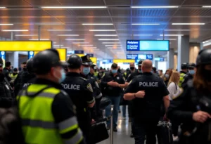 Security personnel managing a busy airport environment after a reported threat.