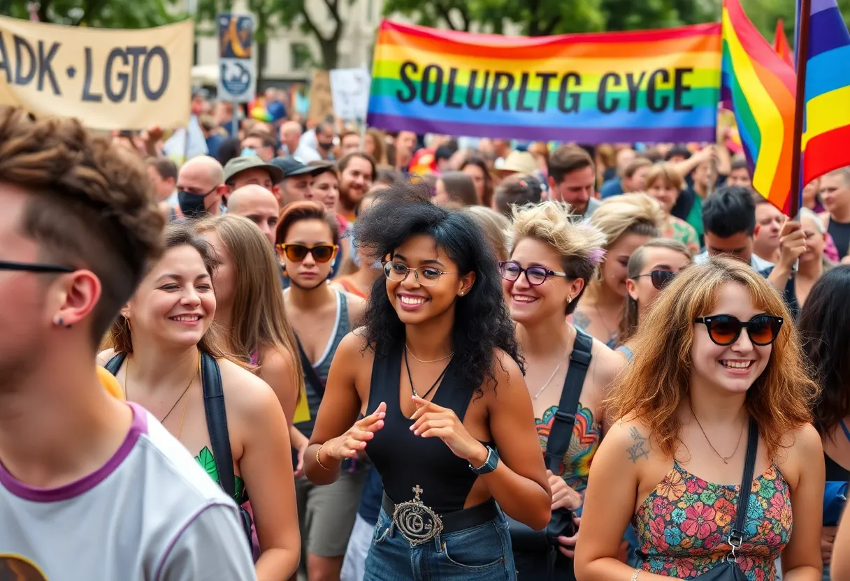 A diverse group celebrating LGBTQ+ pride during the American Dreams Tour.