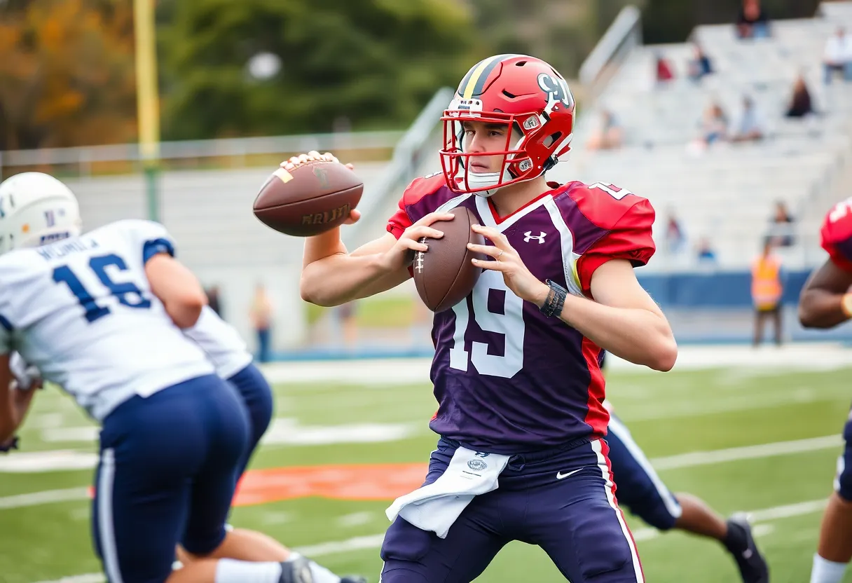 Quarterback leading the team during a college football match