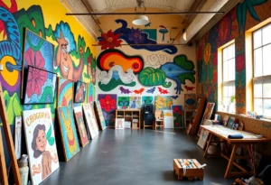 Inside view of Art Station ATL with colorful murals