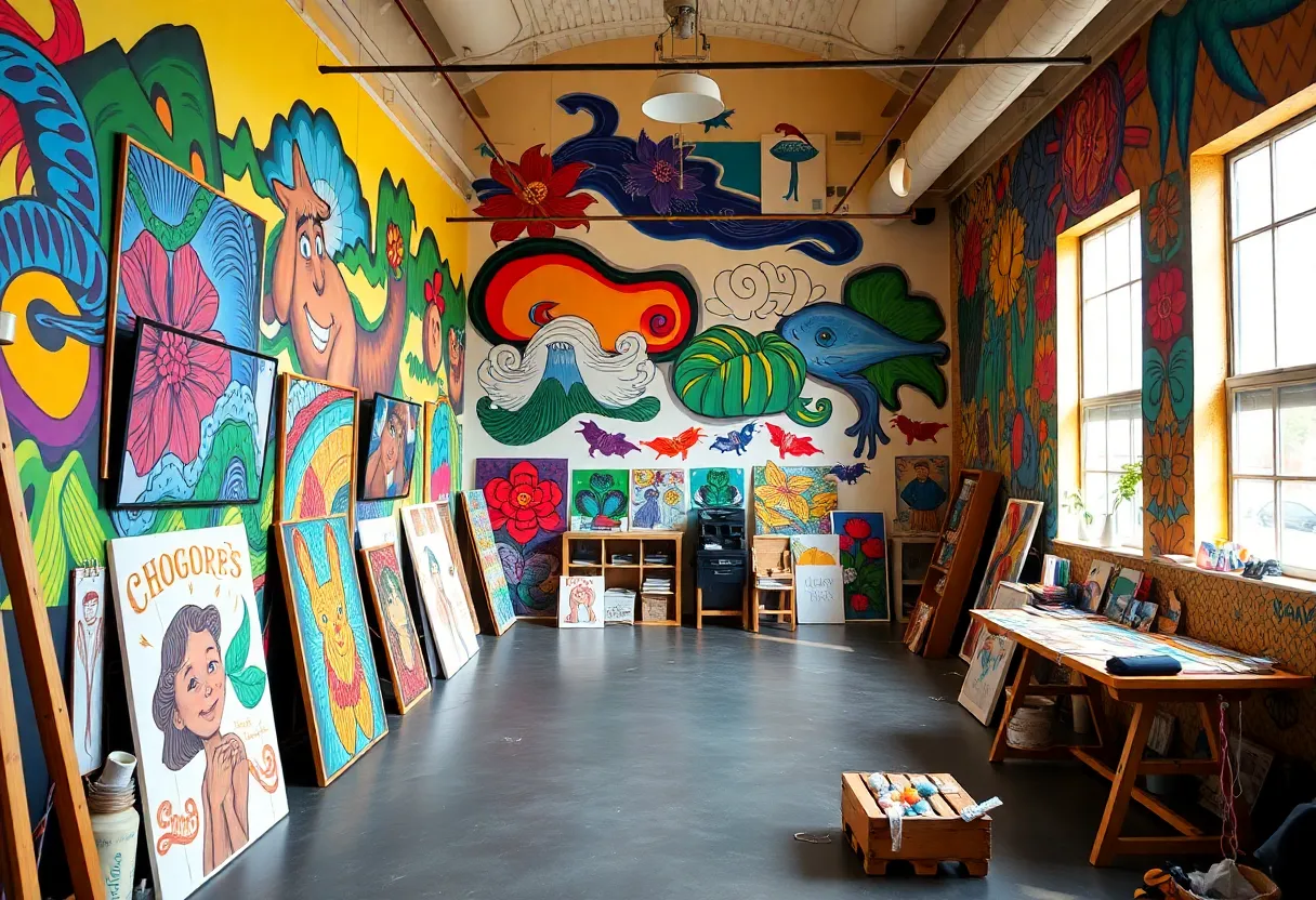 Inside view of Art Station ATL with colorful murals