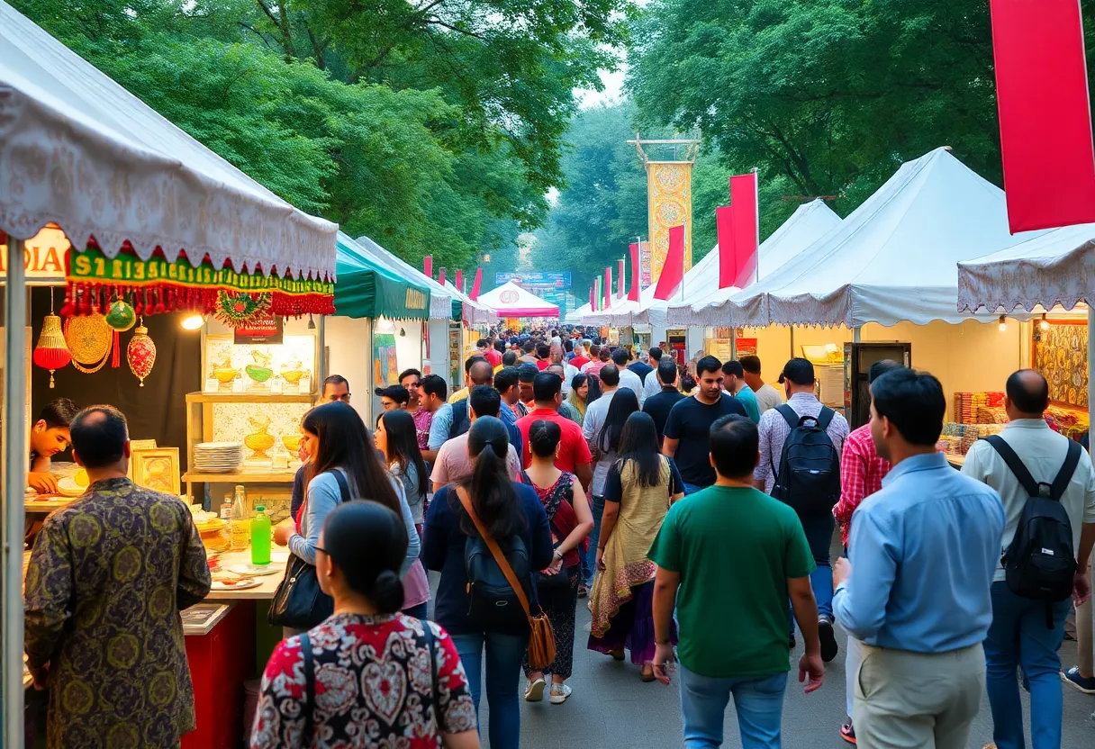 Crowd enjoying the Atlanta Arab Festival with cultural exhibits and food stalls.