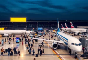 A busy airport terminal illustrating the aviation industry.
