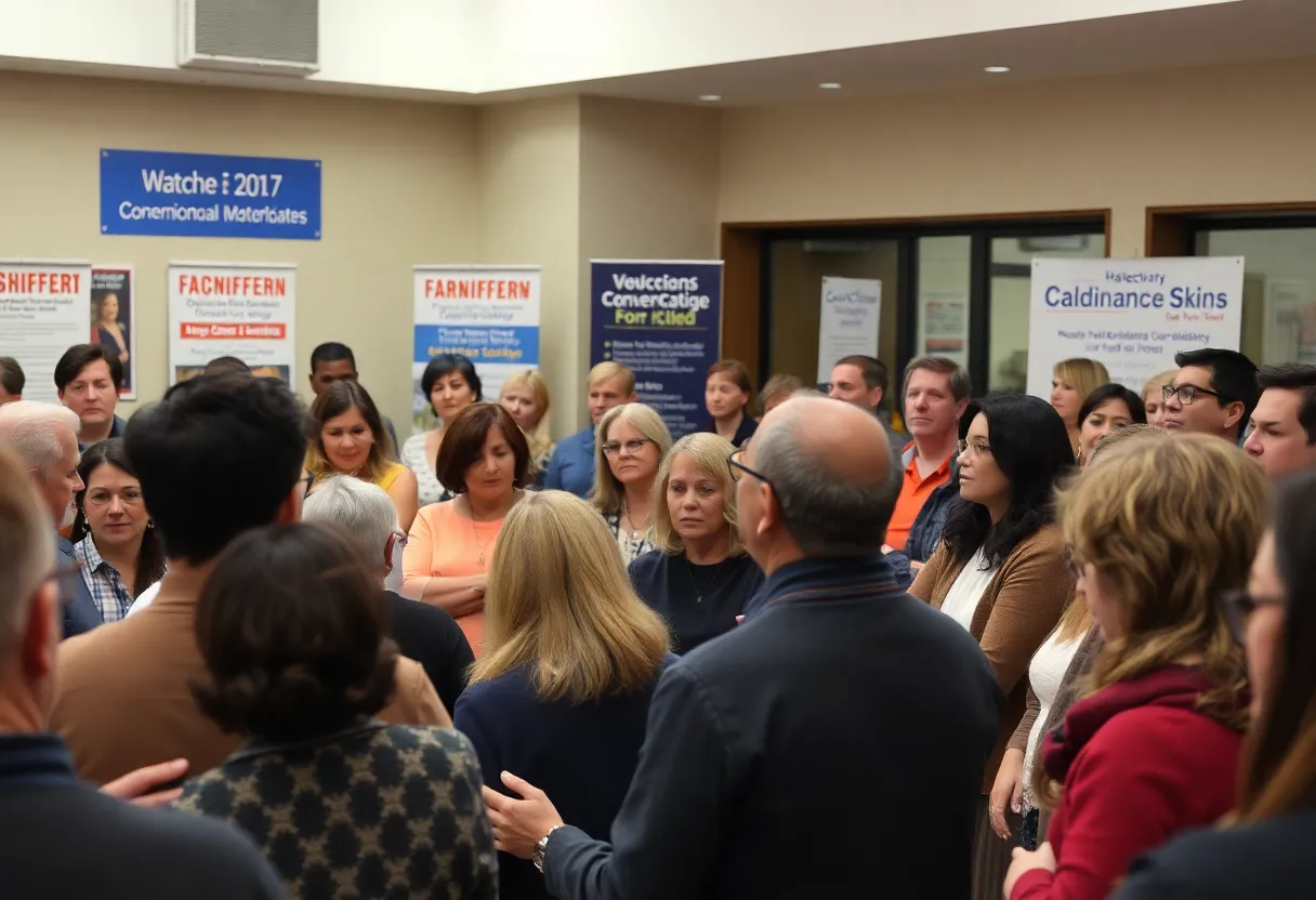 A diverse group of community members discussing at a candidate forum.