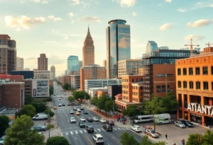 A view of Atlanta city with construction and community activities visible.