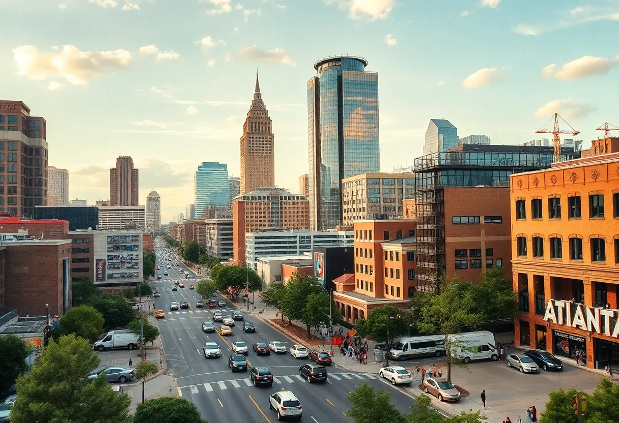 A view of Atlanta city with construction and community activities visible.