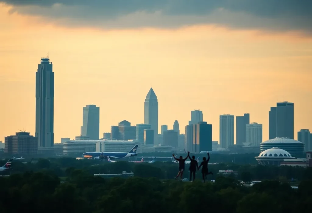 Atlanta skyline with Hartsfield-Jackson Airport and symbols of diversity.