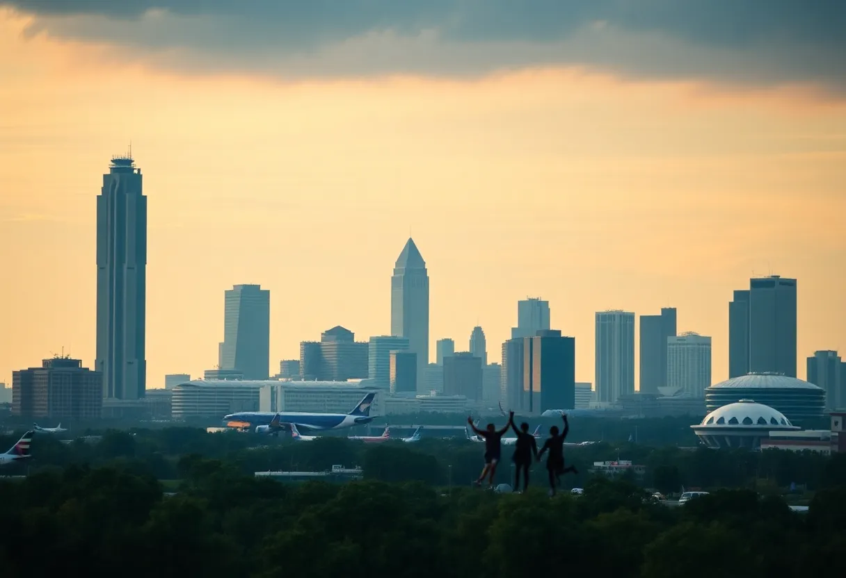 Atlanta skyline with Hartsfield-Jackson Airport and symbols of diversity.