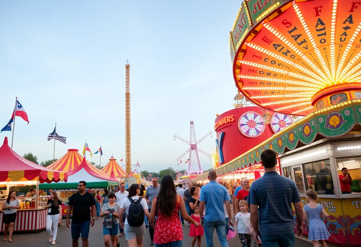Families enjoying rides and attractions at the Atlanta Fair.