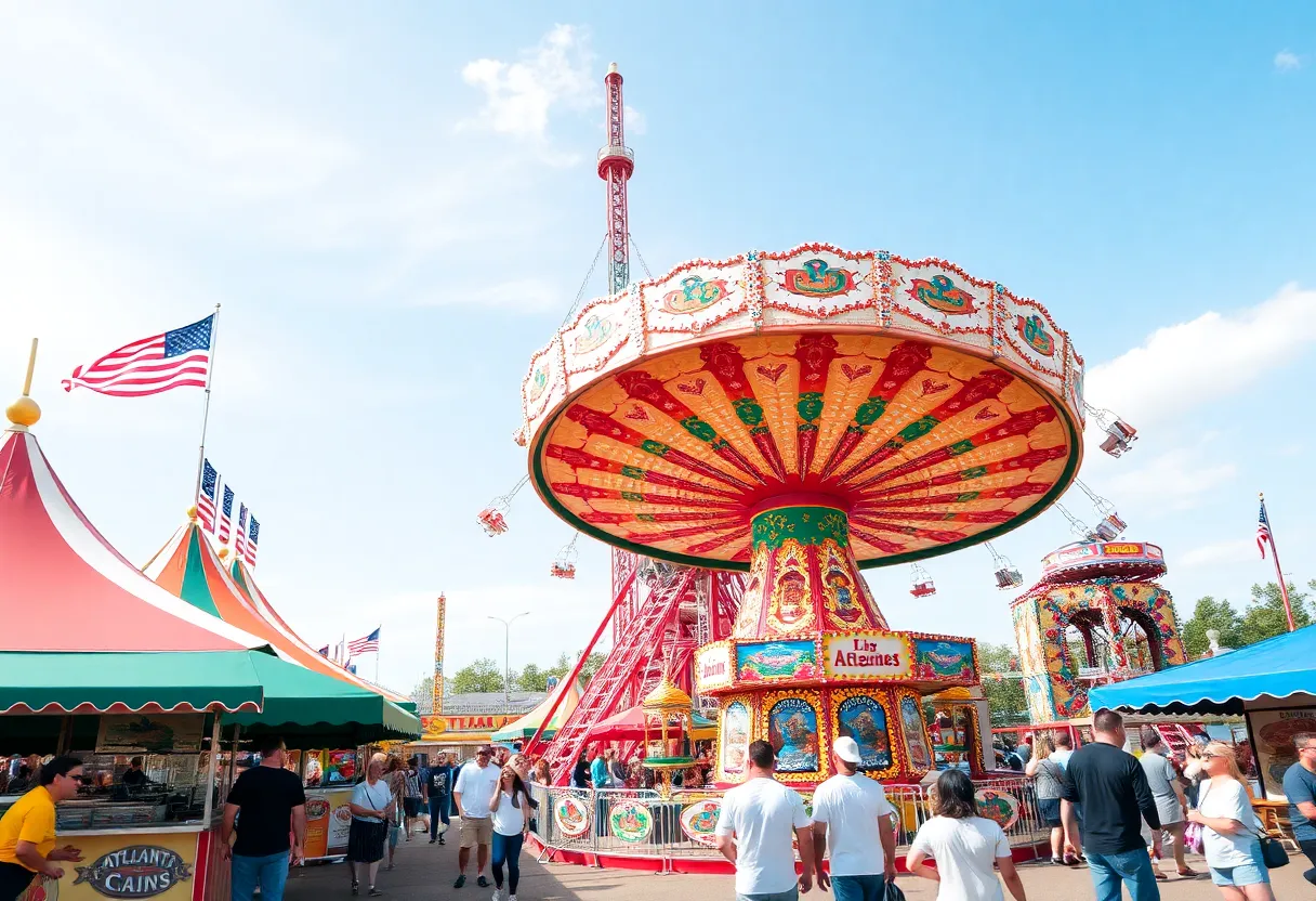 Families enjoying rides and food at the Atlanta Fair