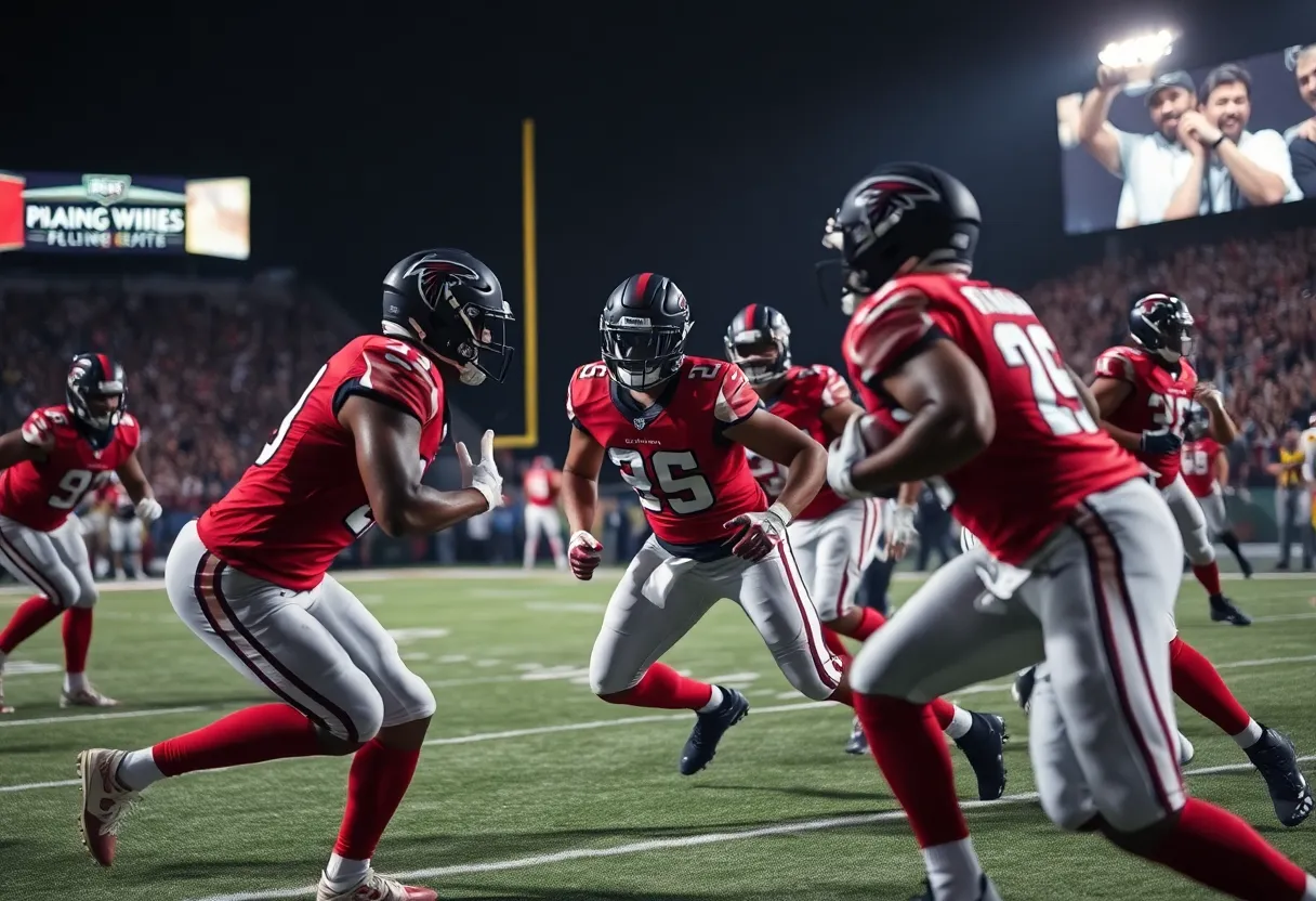 Atlanta Falcons players defending during a football game at night.