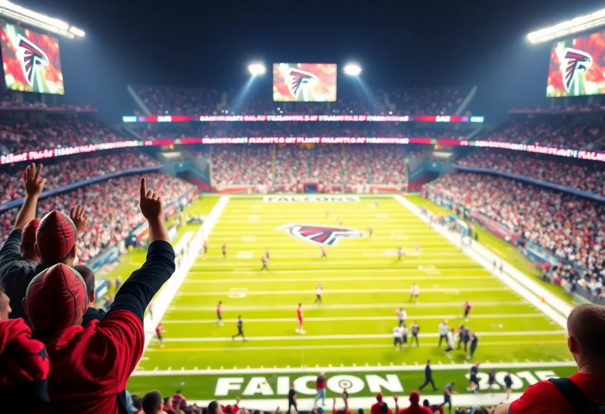 Atlanta Falcons players on the field during a game at Mercedes-Benz Stadium.