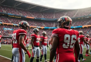 Players warming up in a football stadium.