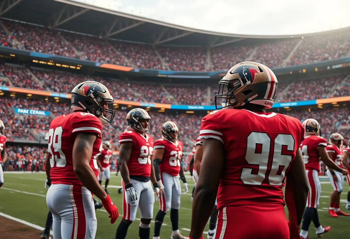 Players warming up in a football stadium.