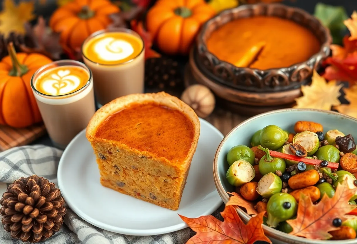 Seasonal food offerings from Atlanta, including pumpkin latte, apple pie, and a harvest bowl.