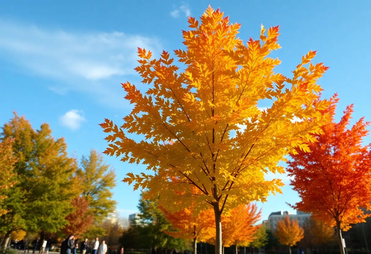 People enjoying the pleasant fall weather in Atlanta with autumn leaves around.