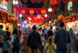 Families celebrating at a festival in Atlanta with Halloween decorations