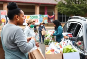 Volunteers distributing groceries at the Atlanta School food distribution event