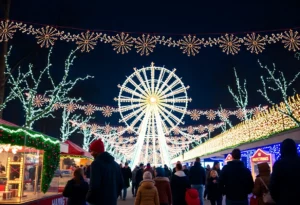 Families enjoying holiday events in Atlanta with festive lights