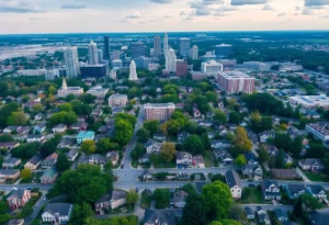 Aerial view of Atlanta showing housing markets and skyline