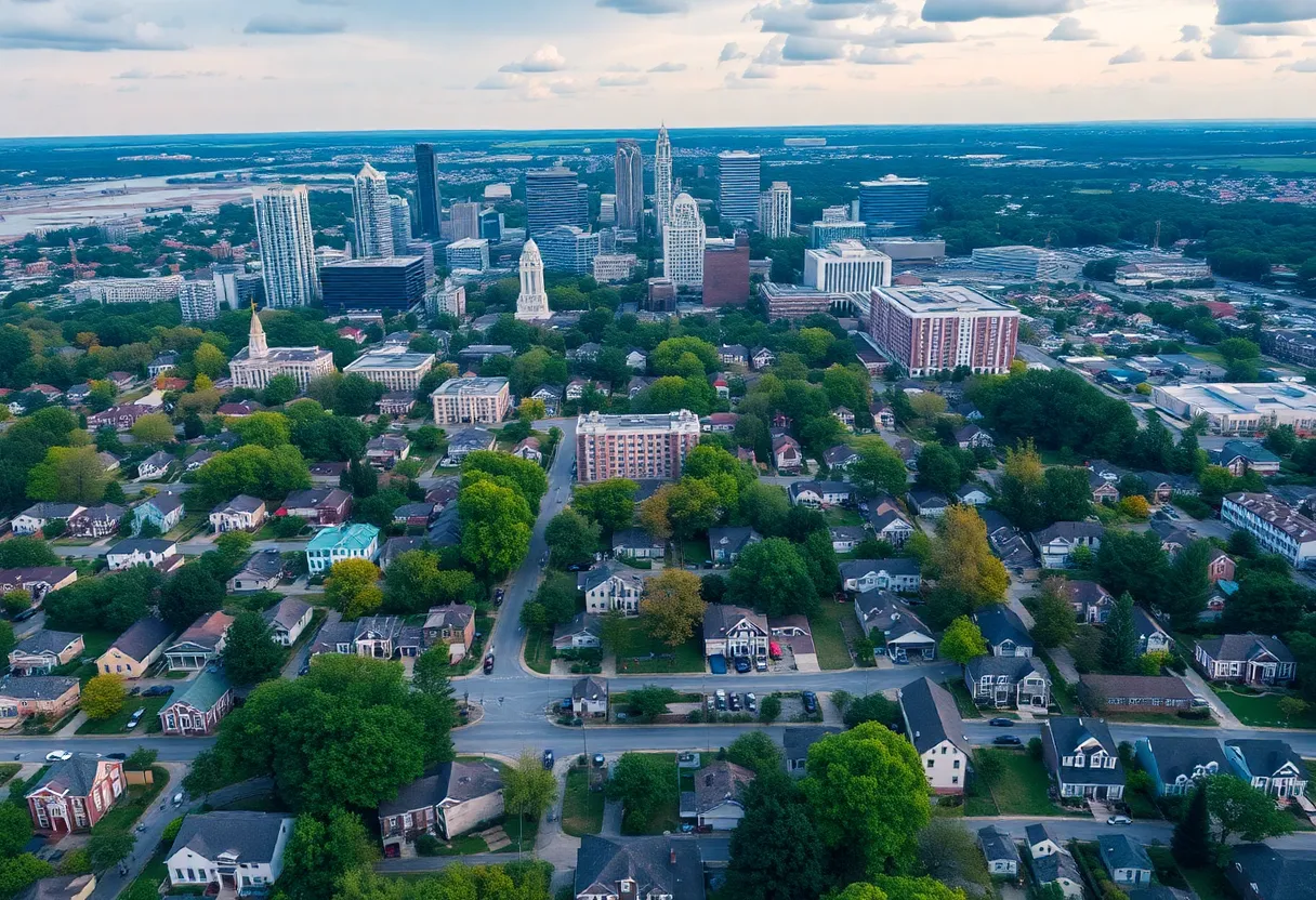 Aerial view of Atlanta showing housing markets and skyline