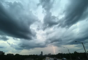 Rainy morning scene in Atlanta with lightning